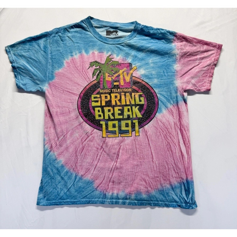 MTV T Shirt Mens Large Blue Pink Tie Dye Graphic Print Spring Break 1991 Cotton